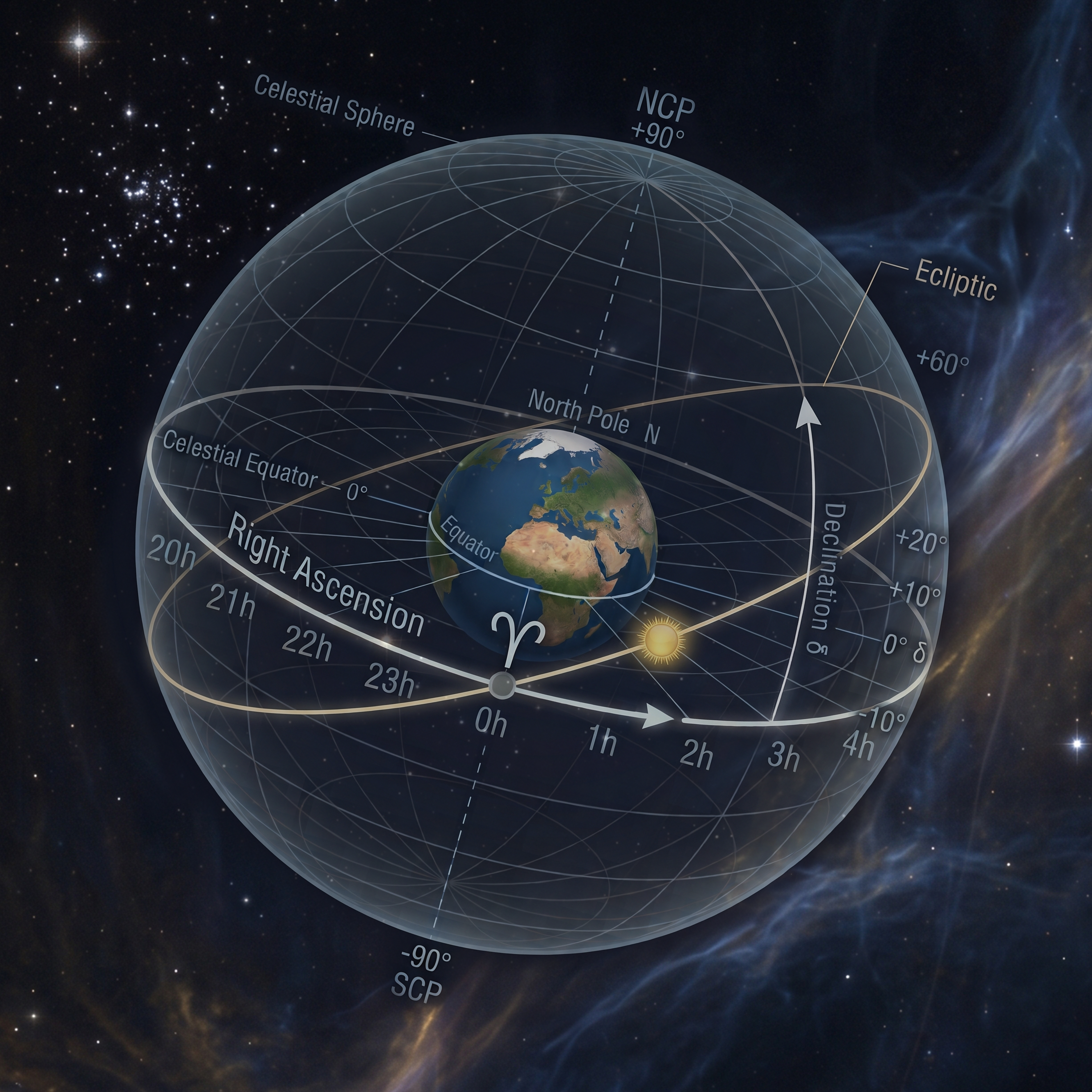 Diagram of the celestial sphere showing the Earth, celestial equator, celestial poles, declination and right ascension