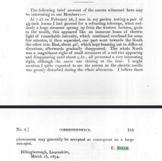 British Astronomical Association correspondence containing Edward Essam's 1894 aurora observation
