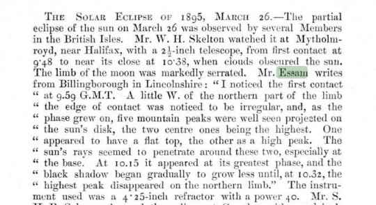 British Astronomical Association report of Edward Essam's observation of the solar eclipse of 1895