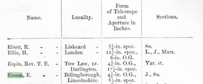 British Astronomical Association record listing Edward Essam of Billingborough and his telescopes