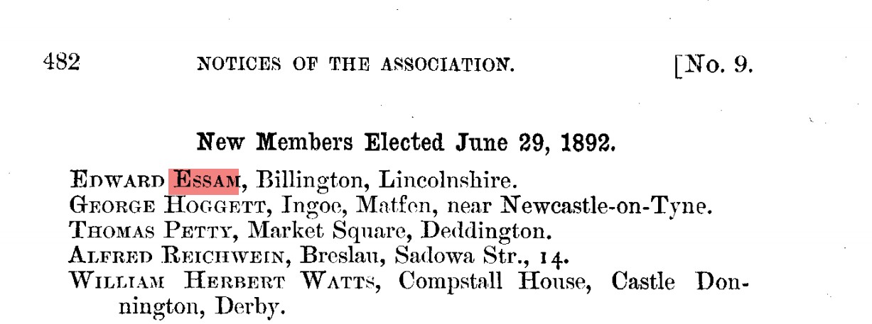 British Astronomical Association record showing Edward Essam among members elected in 1892