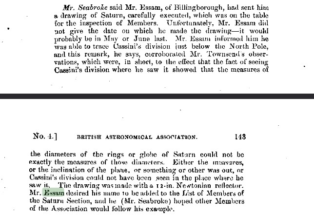 British Astronomical Association report discussing Edward Essam's observations of Saturn