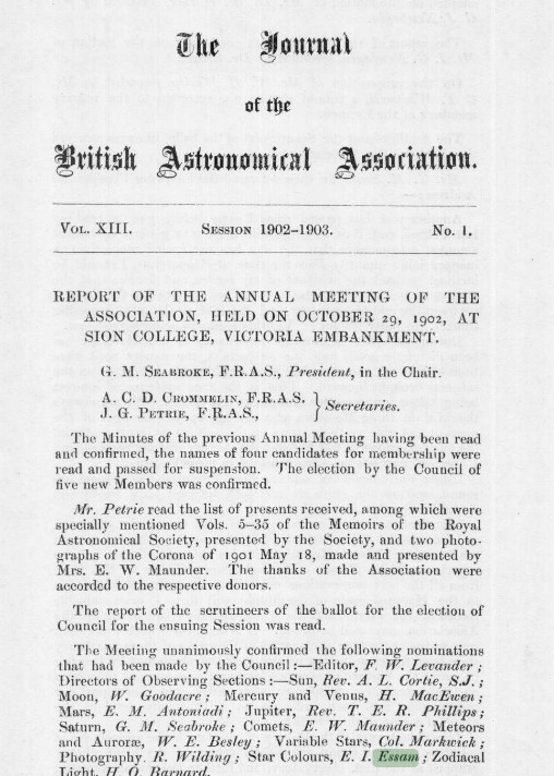 British Astronomical Association record concerning Edward Essam and the Star Colours Section