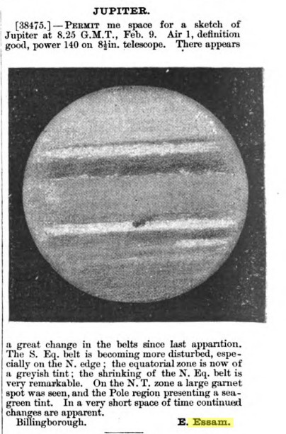 Edward Iszatt Essam's 1896 report of an observation of Jupiter from Billingborough