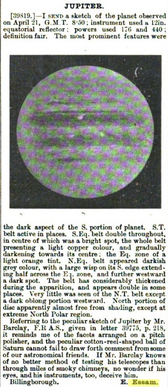 Edward Iszatt Essam's 1897 report of an observation of Jupiter from Billingborough