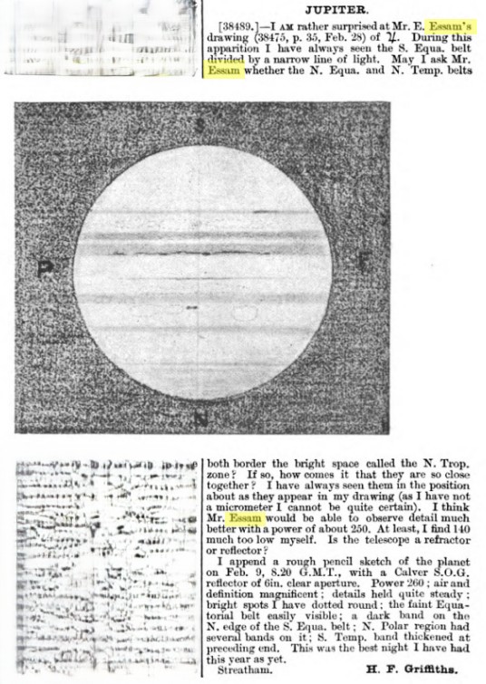 Correspondence in The English Mechanic discussing Edward Essam's 1896 Jupiter drawing