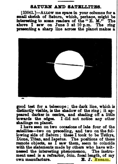 Edward Essam's 1892 report of an observation of Saturn from Billingborough