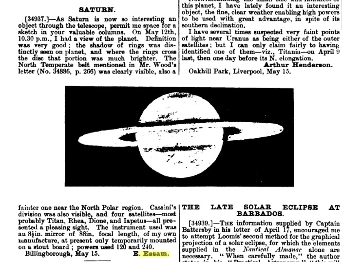 Edward Iszatt Essam's 1893 report of an observation of Saturn from Billingborough