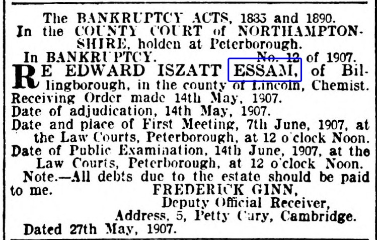 Contemporary newspaper report of Edward Essam's bankruptcy in 1907
