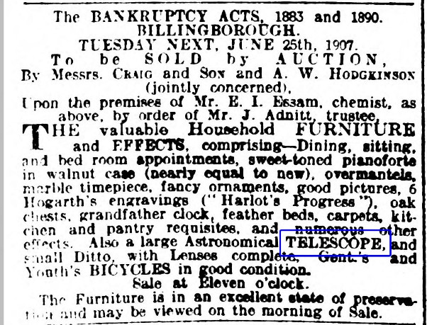 1907 auction notice listing Edward Essam's astronomical telescopes